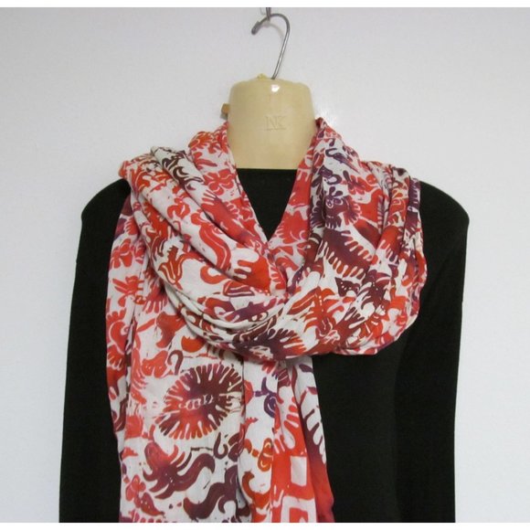 Bali Long Scarf with Autumn Colors and Leaf Designs - Picture 2 of 12